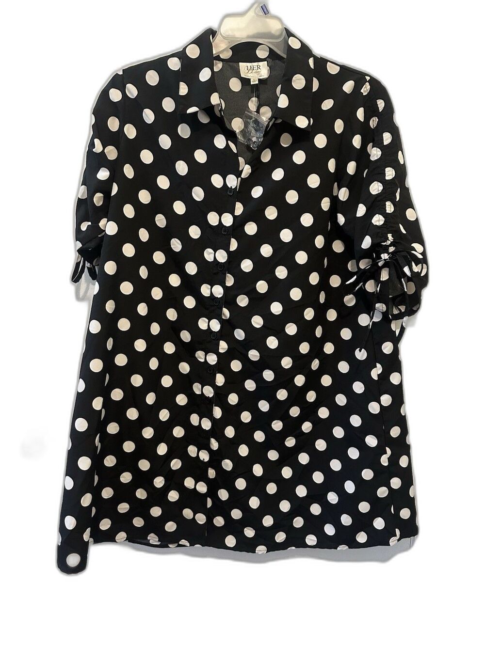 HER Destiny Black White Polka Dot Button Front Ruched Sleeve Blouse L